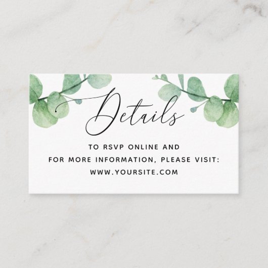 Eucalyptus bruiloft invoegen | Details groen + QR Informatiekaartje (Voorkant)