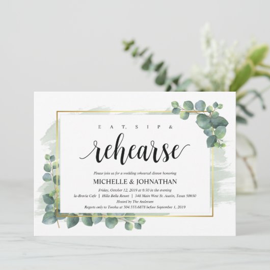 Eucalyptus bruiloft repetitie diner uitnodiging (Staand voorkant)