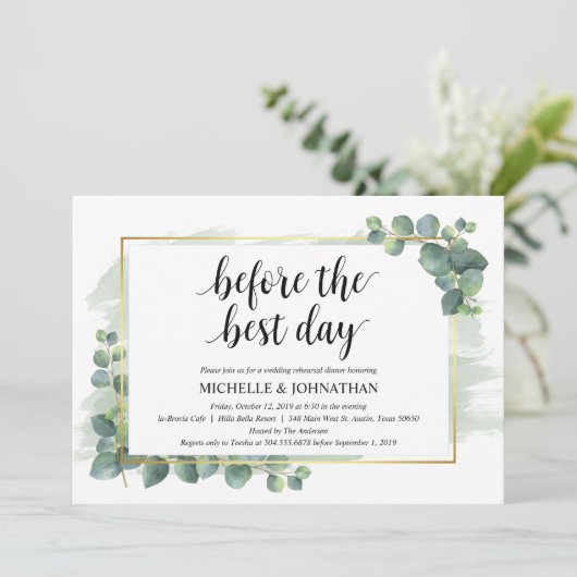 Eucalyptus bruiloft repetitie diner uitnodiging (Staand voorkant)