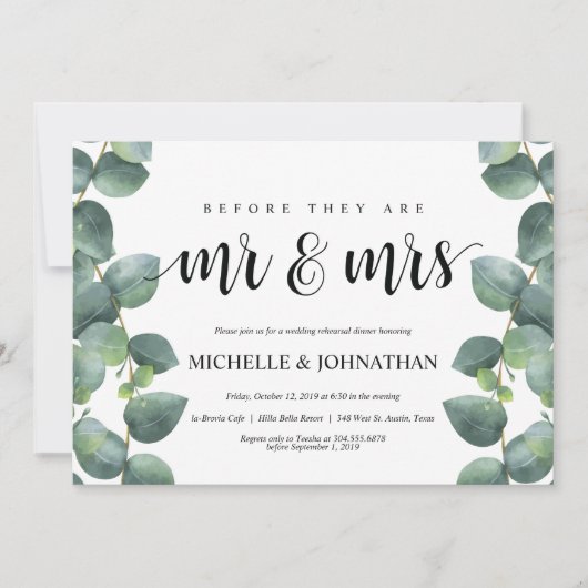 Eucalyptus bruiloft repetitie diner uitnodiging (Voorkant)