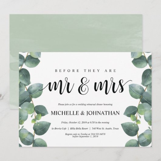 Eucalyptus bruiloft repetitie diner uitnodiging (Voorkant / Achterkant)