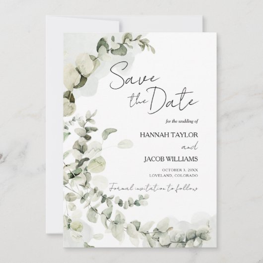 Eucalyptus bruiloft salie groen foto save the date (Voorkant)