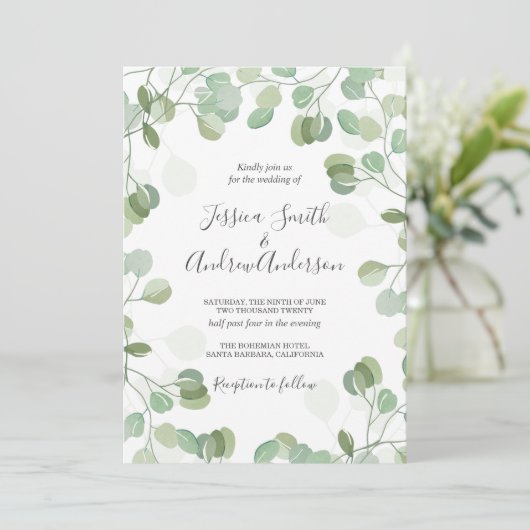 Eucalyptus bruiloft uitnodiging rustieke groen Boh (Staand voorkant)