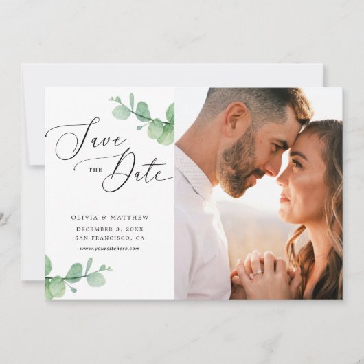 Eucalyptus Bruiloft | Watercolor Botanische Foto Save The Date (Voorkant)