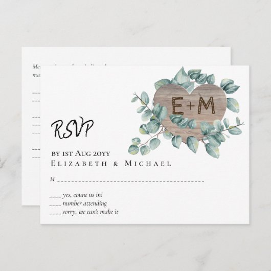 Eucalyptus Bruiloft - Waterverf Groene Monogram Briefkaart (Voorkant / Achterkant)