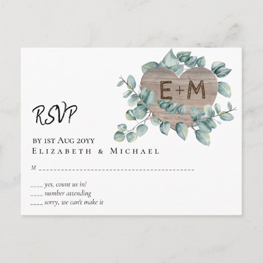 Eucalyptus Bruiloft - Waterverf Groene Monogram Briefkaart (Voorkant)