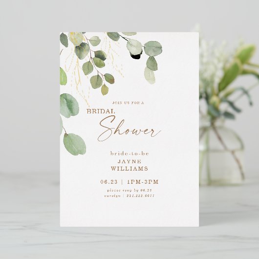 Eucalyptus Bruiloftsfeest Goud Folie Uitnodiging (Staand Voorkant)