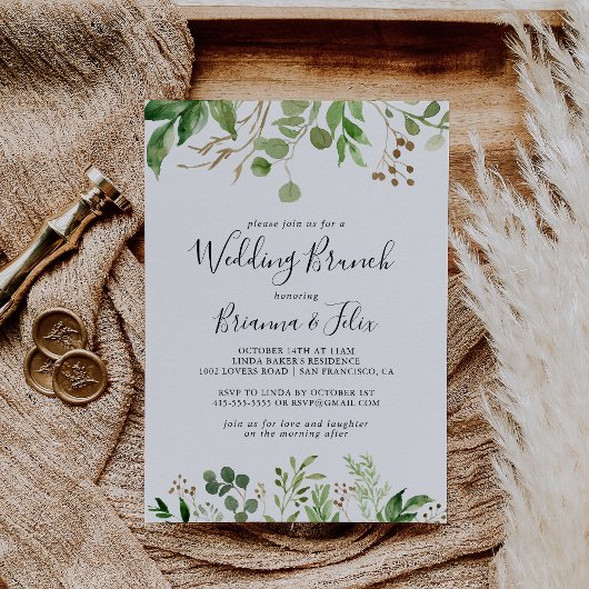 Eucalyptus Bruin Bloemen Bruiloft Brunch Kaart