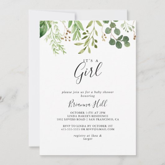 Eucalyptus Bruin Bloemen Het is een meisje Baby sh Kaart (Voorkant)