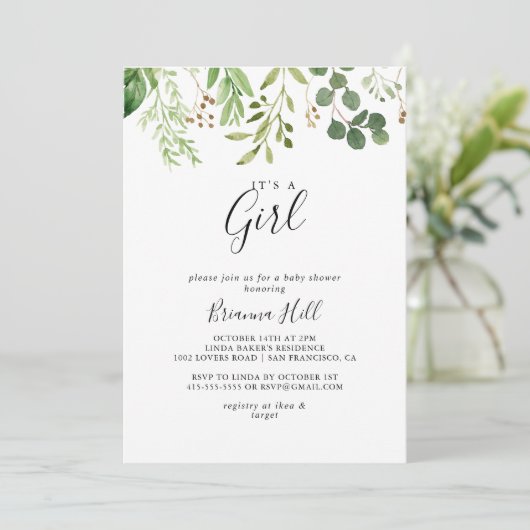 Eucalyptus Bruin Bloemen Het is een meisje Baby sh Kaart (Staand voorkant)