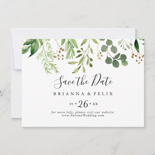 Eucalyptus Bruin Bloemen Horizontale Bruiloft Save The Date (Voorkant)