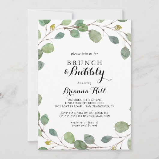 Eucalyptus Brunch en Bubble Vrijgezellenfeest Kaart (Voorkant)