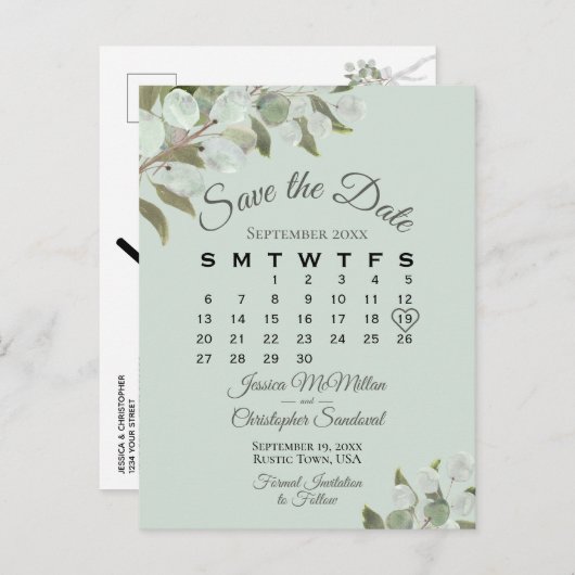 Eucalyptus Calendar Mint Wedding Save the Date Aankondigingskaart (Voorkant / Achterkant)