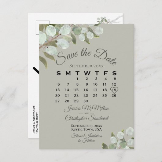 Eucalyptus Calendar Sage Weddenschap Save the Date Aankondigingskaart (Voorkant / Achterkant)
