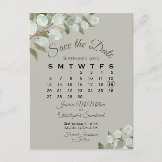 Eucalyptus Calendar Sage Weddenschap Save the Date Aankondigingskaart (Voorkant)