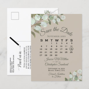 Eucalyptus Calendar Taupe Wedding Save the Date Aankondigingskaart