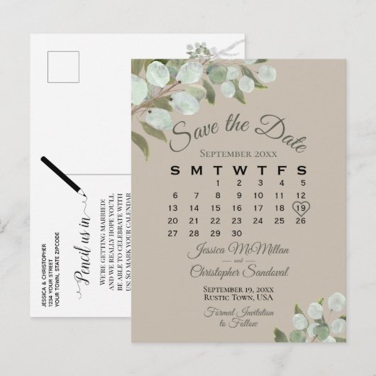 Eucalyptus Calendar Taupe Wedding Save the Date Aankondigingskaart (Voorkant / Achterkant)