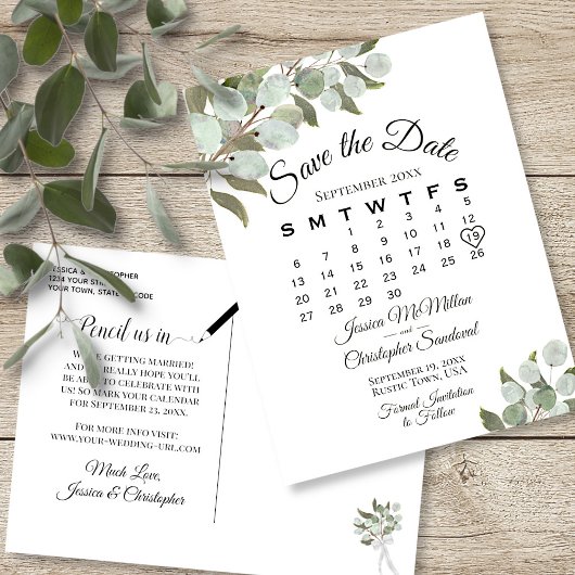 Eucalyptus Calendar White Wedding Save the Date Aankondigingskaart