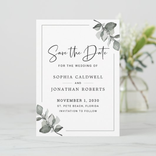 Eucalyptus Calligrafie Minimalistische Botanische Save The Date (Staand voorkant)
