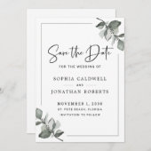 Eucalyptus Calligrafie Minimalistische Botanische Save The Date (Voorkant / Achterkant)
