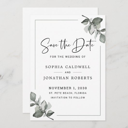 Eucalyptus Calligrafie Minimalistische Botanische Save The Date (Voorkant / Achterkant)