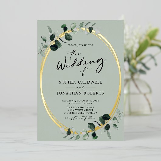 Eucalyptus Calligrafie Salie All-in-One Trouwen Folie Uitnodiging (Staand Voorkant)