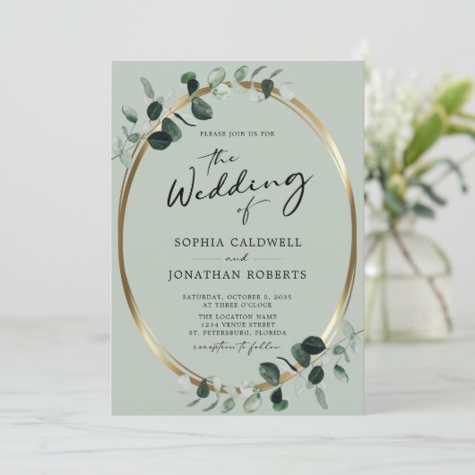 Eucalyptus Calligraphy All in One Sage Weddenschap Kaart (Staand voorkant)