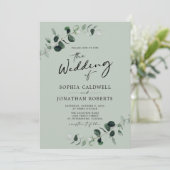 Eucalyptus Calligraphy All in One Sage Weddenschap Kaart (Staand voorkant)