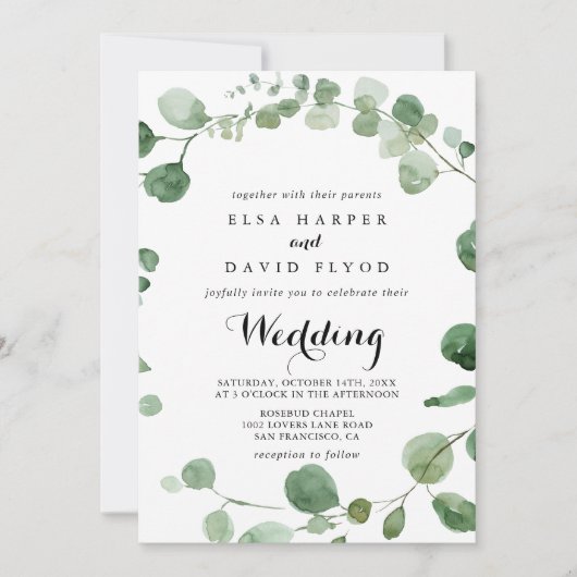 Eucalyptus Calligraphy Front & Back Wedding Kaart (Voorkant)