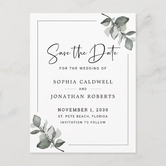 Eucalyptus Calligraphy Minimalist Save the Date Aankondigingskaart (Voorkant)