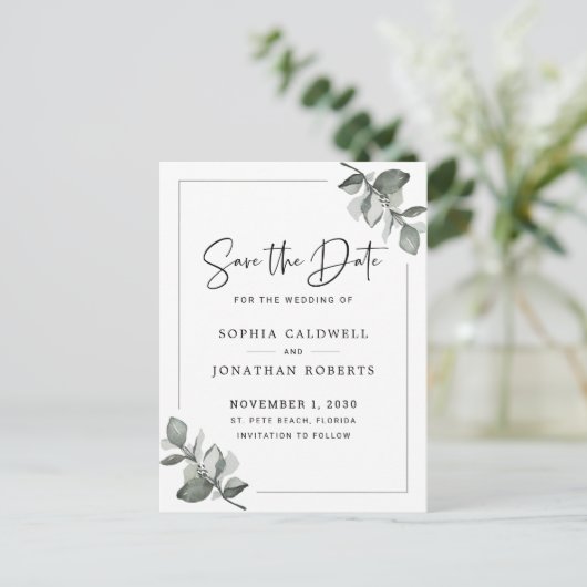 Eucalyptus Calligraphy Minimalist Save the Date Aankondigingskaart (Staand voorkant)