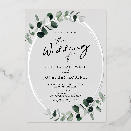 Eucalyptus Calligraphy Photo Weddenver Folie Uitnodiging (Voorkant)