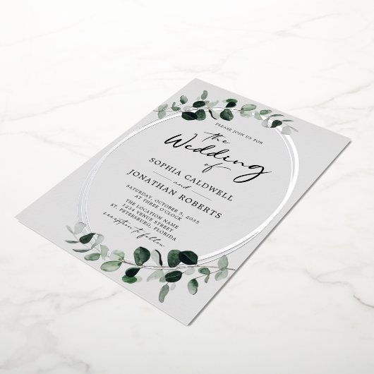 Eucalyptus Calligraphy Photo Weddenver Folie Uitnodiging (Gedraaid)
