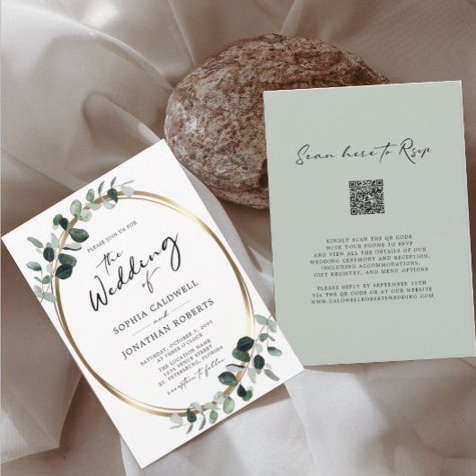 Eucalyptus Calligraphy QR Code RSVP Weddenschap Kaart