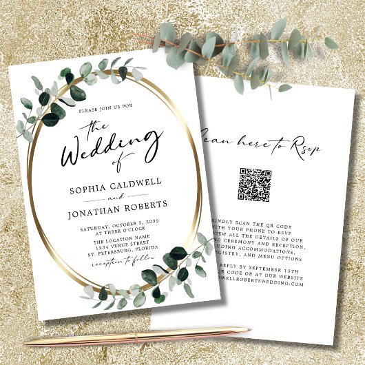 Eucalyptus Calligraphy QR Code RSVP Weddenschap Kaart