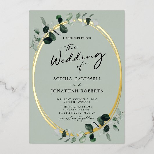 Eucalyptus Calligraphy Sage All-in-One Weddenschap Folie Uitnodiging (Voorkant)