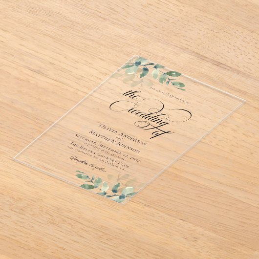 Eucalyptus Calligraphy Script Wedding Acryl Uitnodigingen (Laagn)