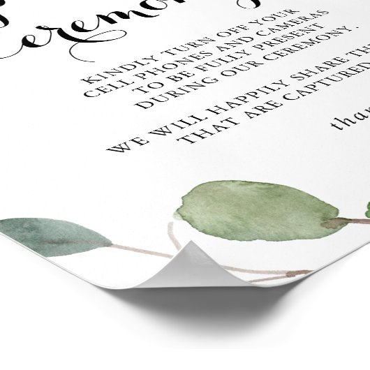 Eucalyptus Calligraphy Unplugged Ceremony Sign Poster (Hoek)