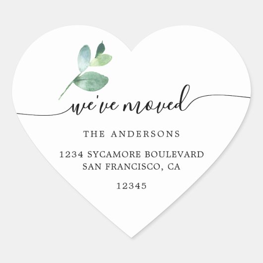 Eucalyptus Calligraphy We’ve Moved New Address Hart Sticker (Voorkant)