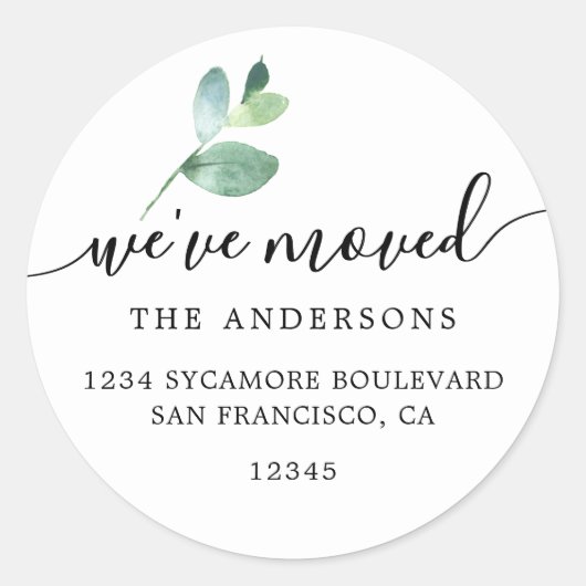 Eucalyptus Calligraphy We’ve Moved New Address Ronde Sticker (Voorkant)