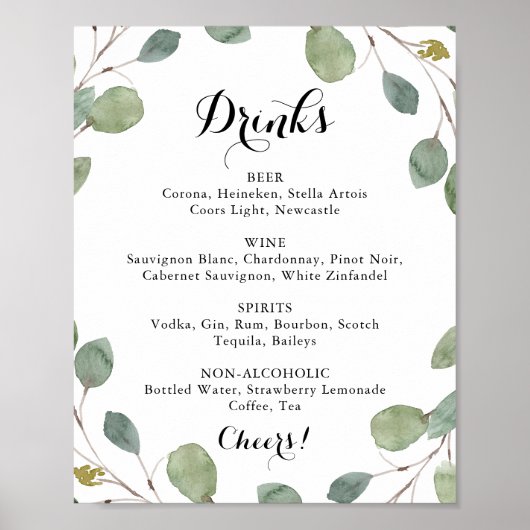 Eucalyptus Calligraphy Wedding Drink Menu Sign Poster (Voorkant)