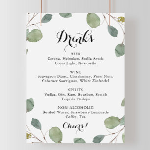 Eucalyptus Calligraphy Wedding Drink Menu Sign Poster