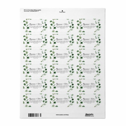 Eucalyptus Calligraphy Wedding RSVP Address Etiket (Full Sheet)