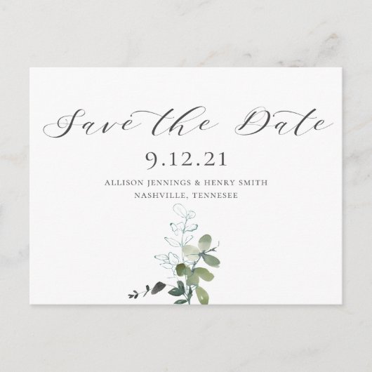 Eucalyptus Calligraphy Wedding Save the Date Aankondigingskaart (Voorkant)