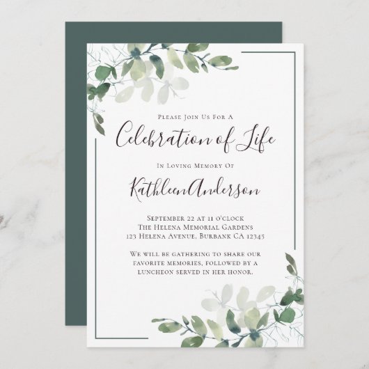 Eucalyptus Celebration of Life Invitation Notitiekaartje (Voorkant / Achterkant)