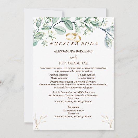 Eucalyptus/champagne Spaanse uitnodiging (Voorkant)