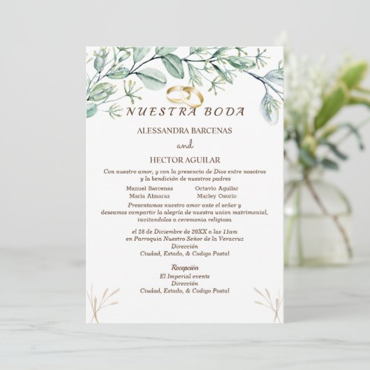 Eucalyptus/champagne Spaanse uitnodiging (Staand voorkant)