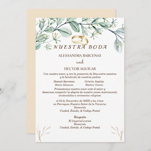 Eucalyptus/champagne Spaanse uitnodiging (Voorkant / Achterkant)