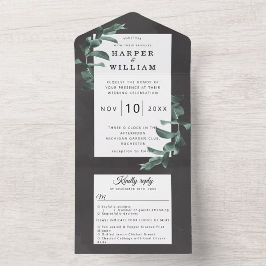 Eucalyptus charcoal grijs bruiloft all in one uitnodiging (Binnen)