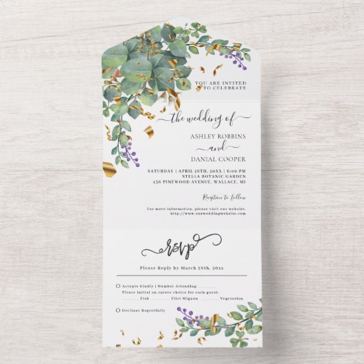 Eucalyptus Confetti Greenery Wedding All In One Uitnodiging (Binnen)